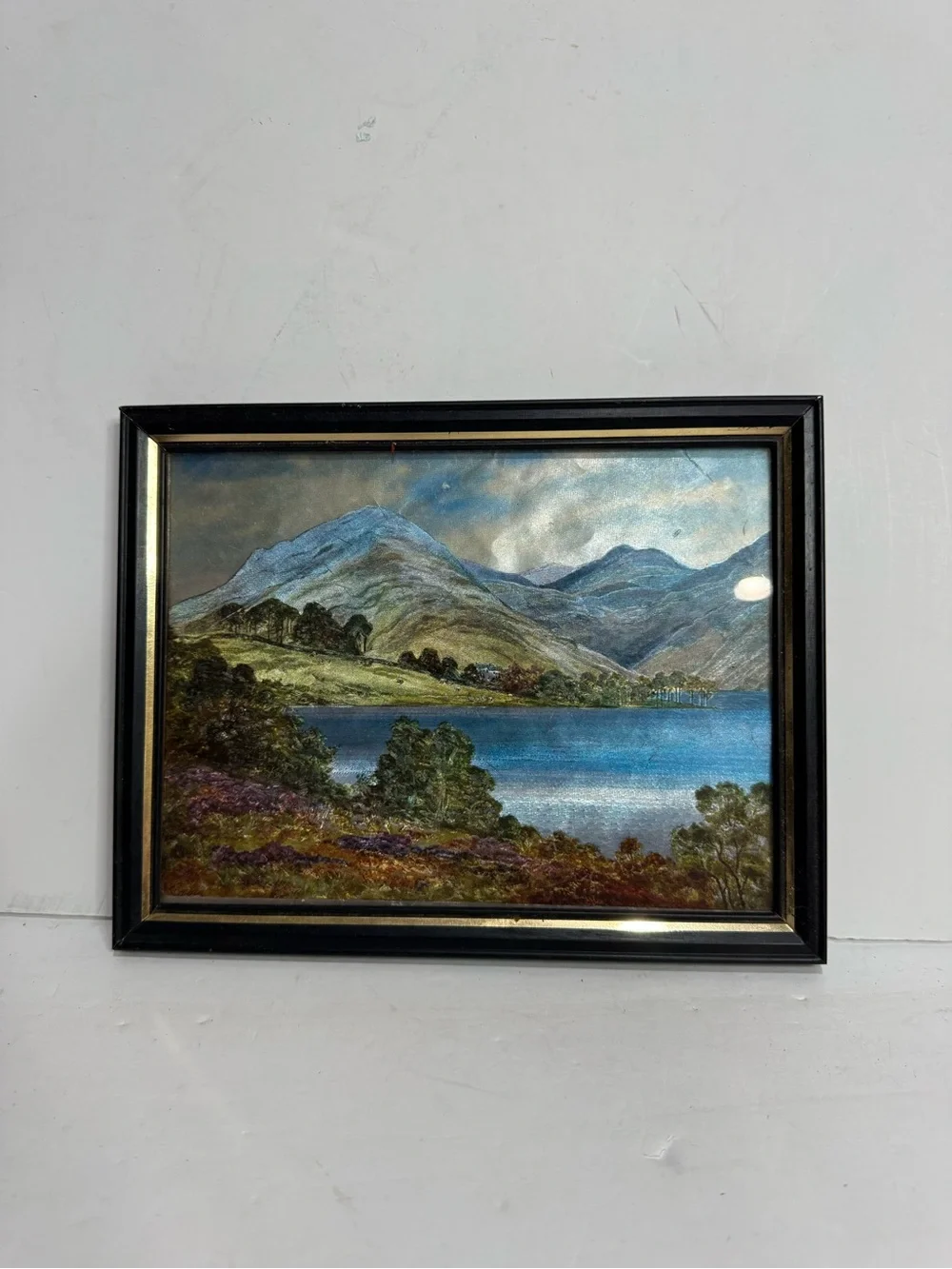 Vintage Framed Scenic Mountain Lake Landscape Foil Metallic Wall Art
